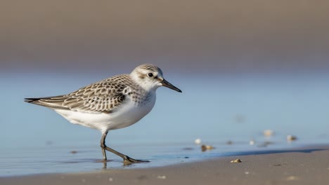 a fascinating glimpse into the life of a shorebird walking along the sandy beach, showcasing its unique plumage and behavior in a natural habitat