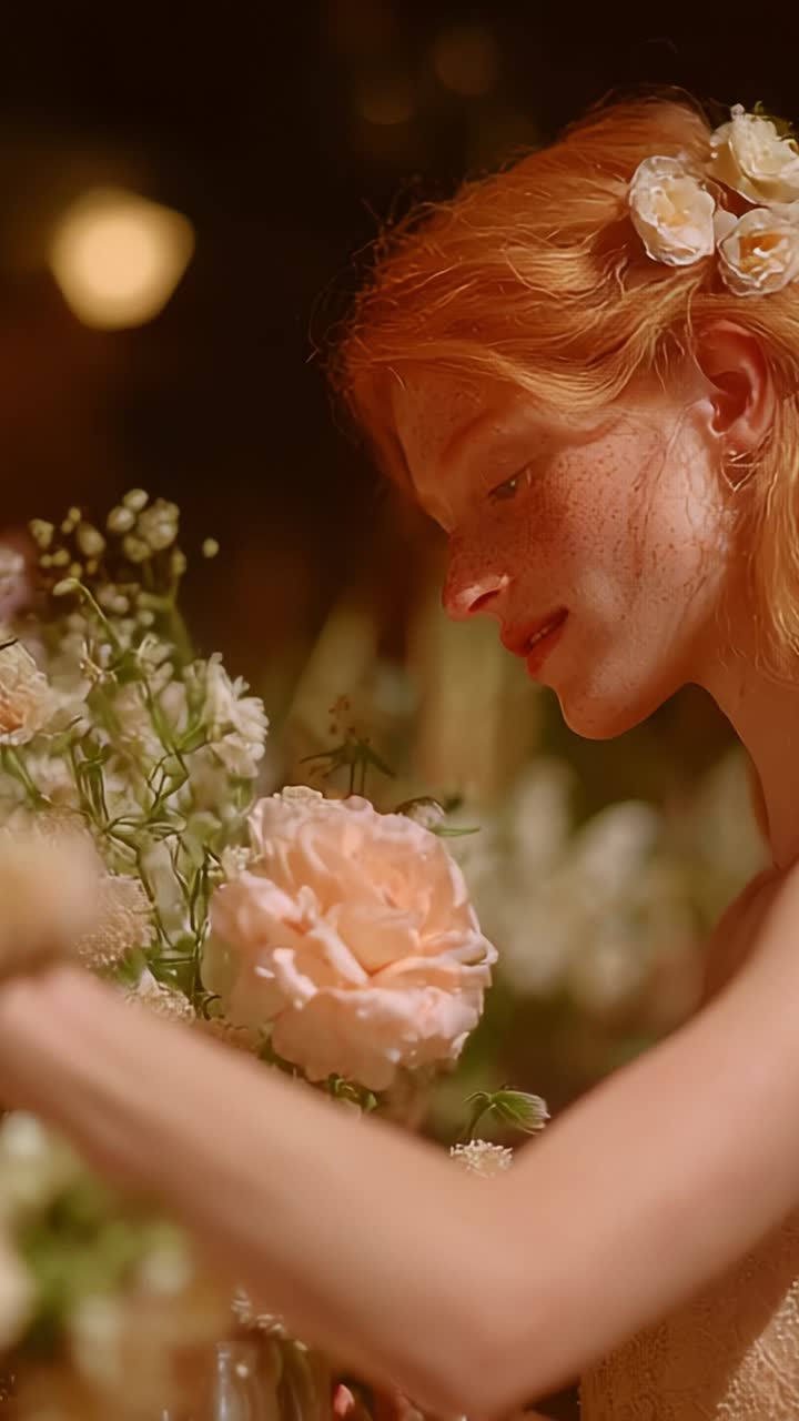 Captivating Portrait of a Young Woman Gently Arranging Beautiful Flowers in a Softly Lit Setting, Highlighting Natural Beauty and Delicate Floral Elegance