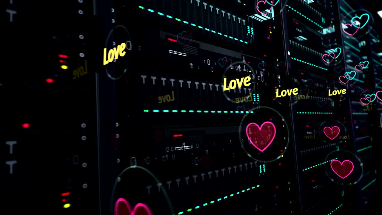 sala de servidores con símbolos de amor cibernético animación de bucle