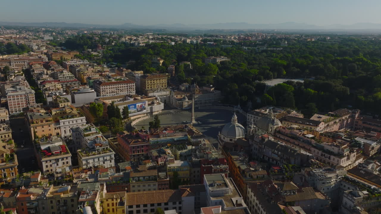 Aerial Slide And Pan Footage Of Piazza Del Popolo, Oval Square With Obelisk  In Middle And Historic North Gate To City. Rome, Italy Free Stock Video  Footage Download Clips