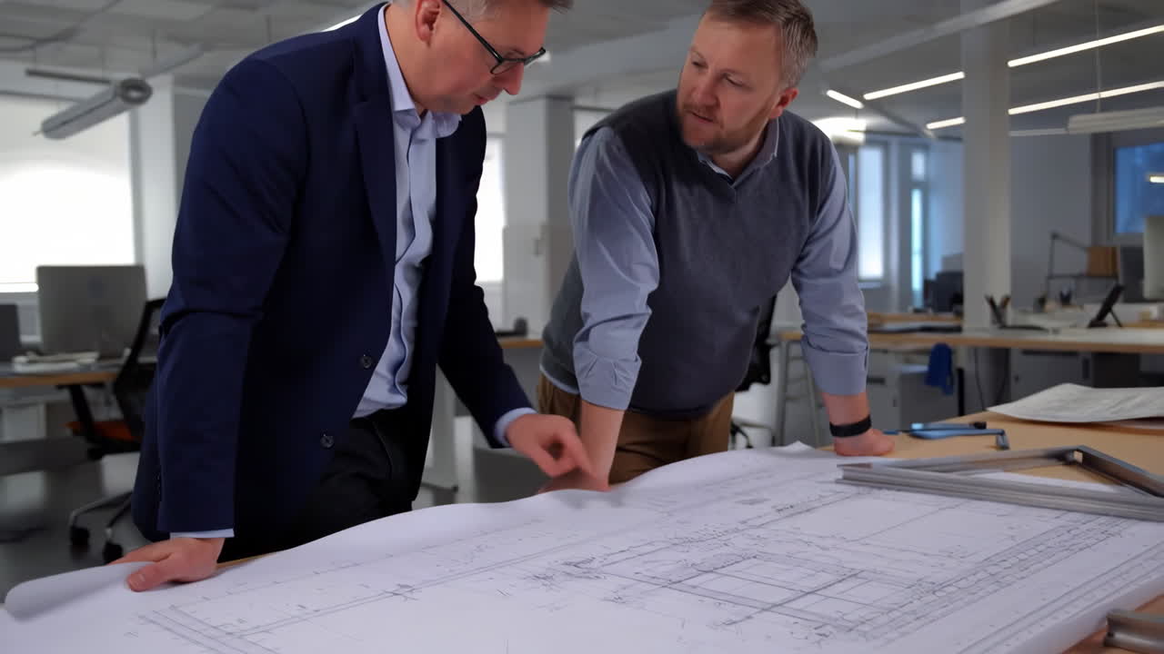 Two Professionals Reviewing Architectural Blueprints in an Office