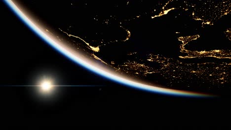 space, sun and planet earth at night