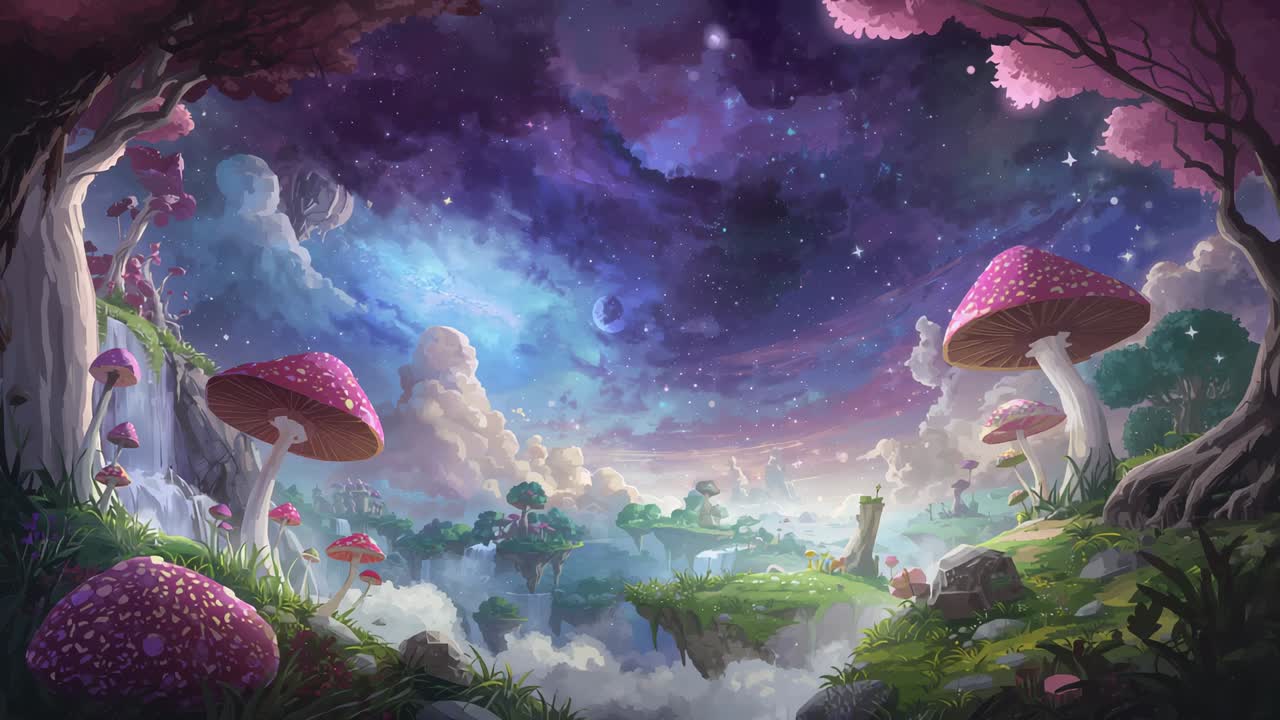 Materializing pink rings above mushrooms and islands in starry sky, undulating into crescents