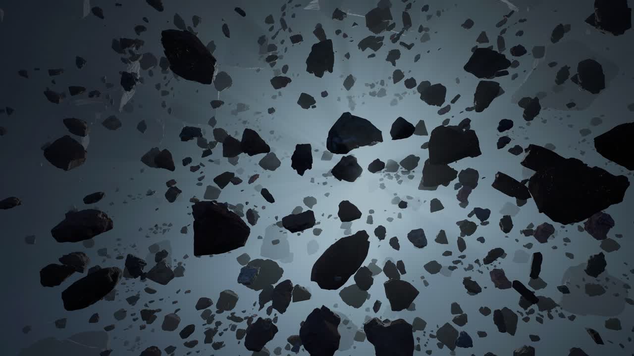 3D Render Animation Of An Asteroids Field In Deep Space, Slow Panoramic Cinematic Linear Shot
