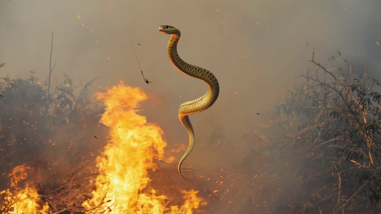 Snake suspended above a raging fire