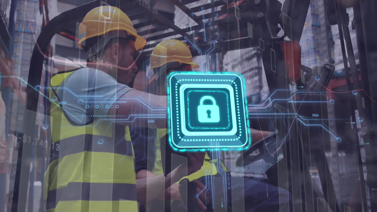 창고에서 이야기하는 다양한 노동자들에 대한  ⁇ 락과 데이터 처리의 애니메이션