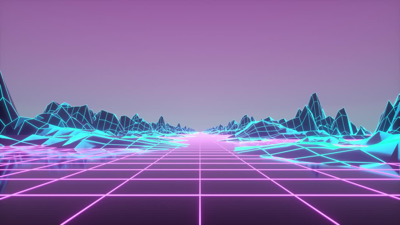Retrowave horizon landscape with neon lights and low poly terrain