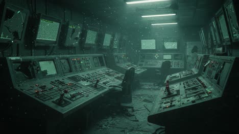 abandoned control room: a haunting glimpse into a deserted operations center, filled with dust and decay amidst flickering screens and silent machines