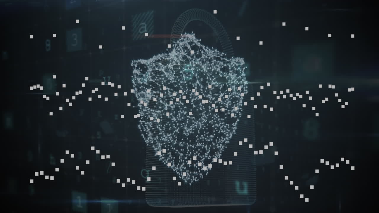Animation of cyber security data processing over security sheild icon against black background