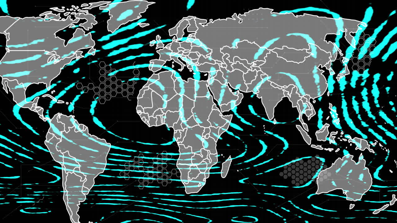 Animation of shapes moving and world map on black background
