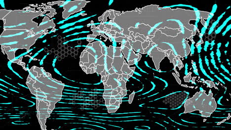 Animation-Von-Sich-Bewegenden-Formen-Und-Weltkarte-Auf-Schwarzem-Hintergrund