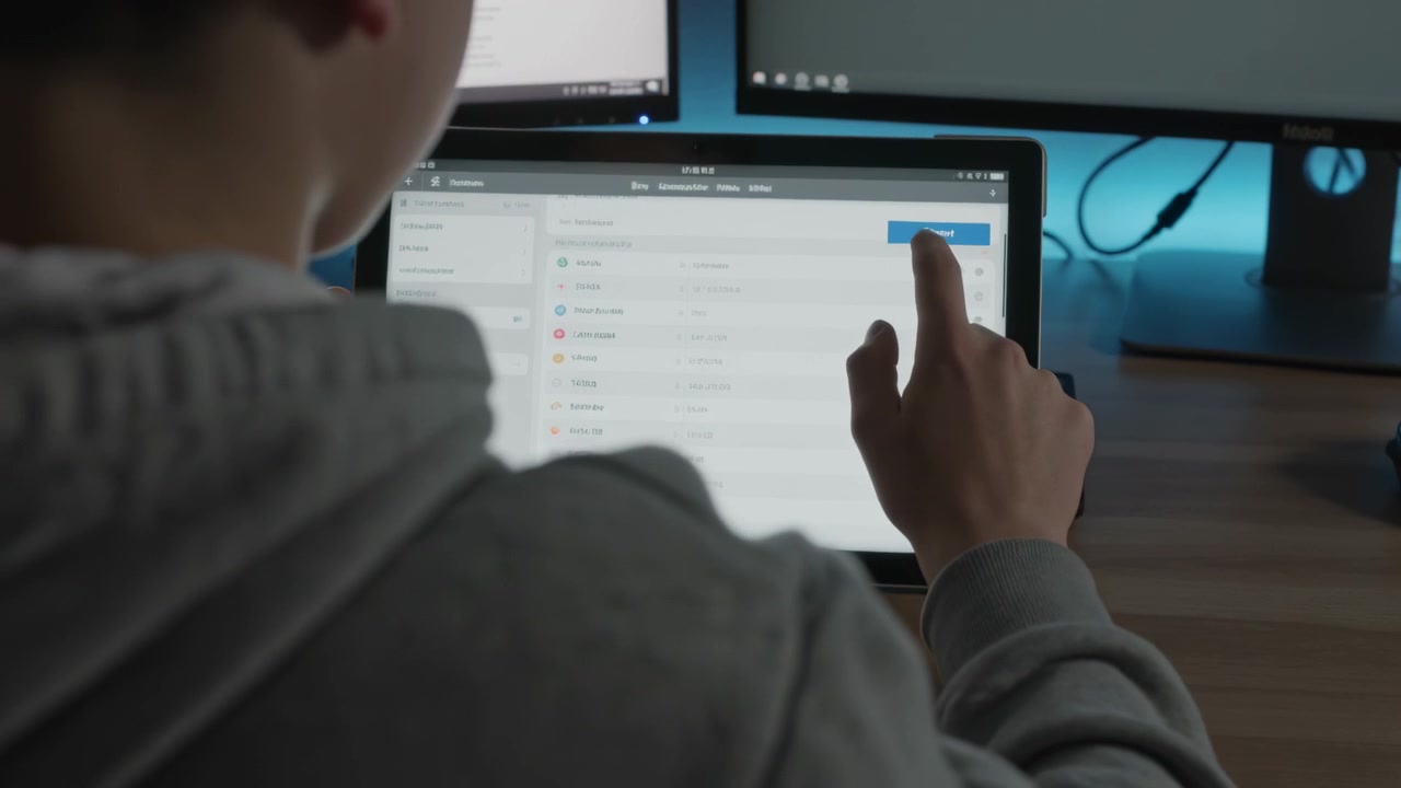 Using tablet, male in gray hoodie scrolling list at home desk, blue button showing causing tapping