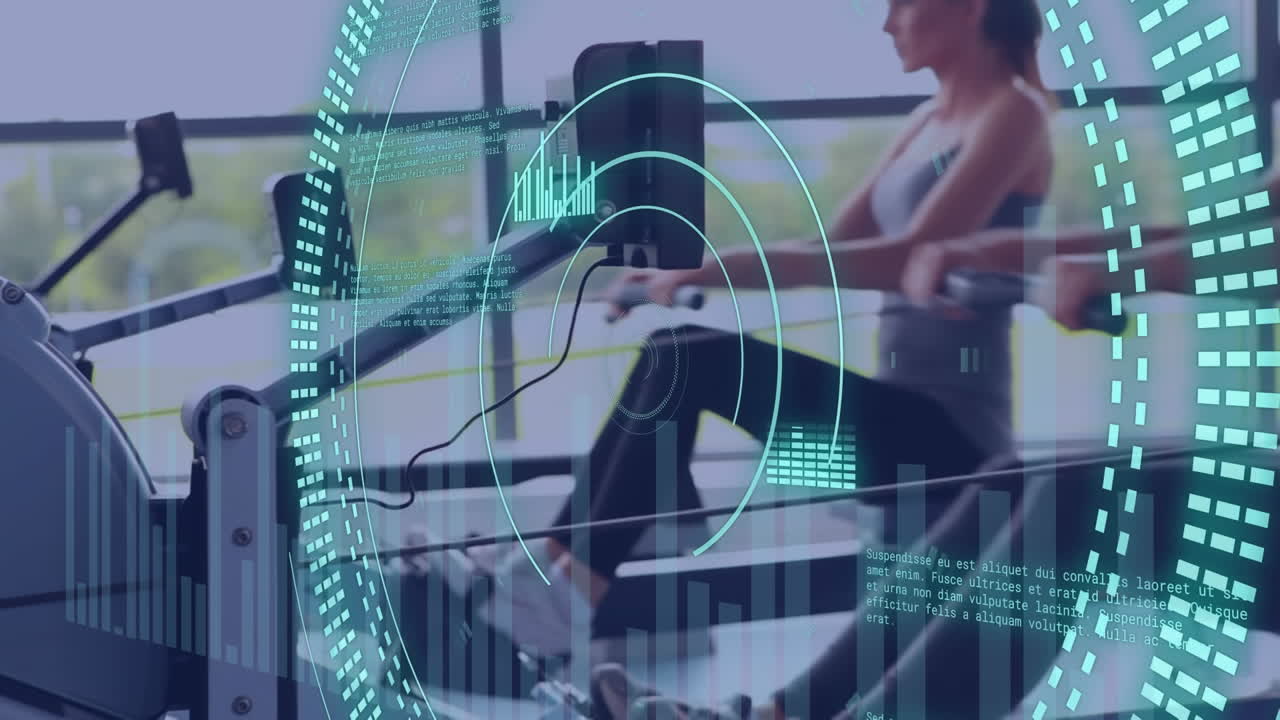 체육관에서 백인 사람들을 대상으로 한 스 ⁇  스캐닝과 데이터 처리 애니메이션