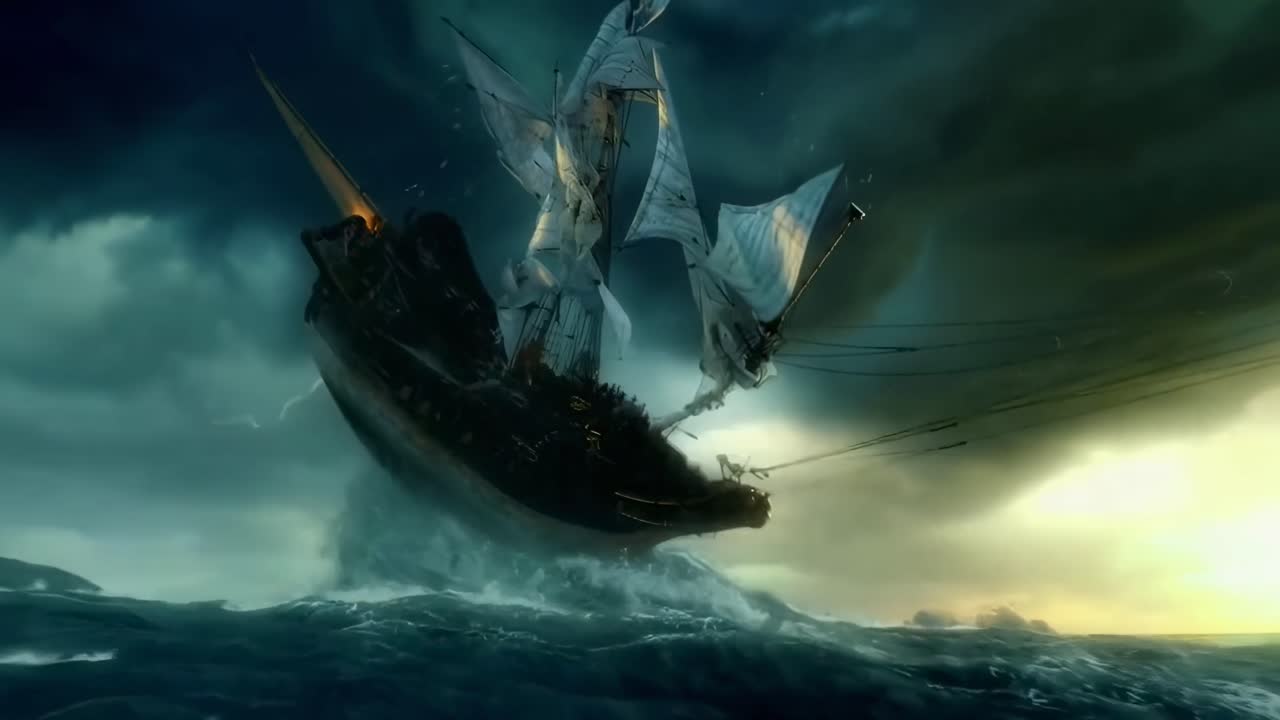 Dramatisk videoscene av et skip som kjemper mot stormfullt hav, filmet fra lav vinkel