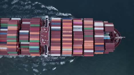 aerial top view of a loaded container cargo vessel traveling over ocean