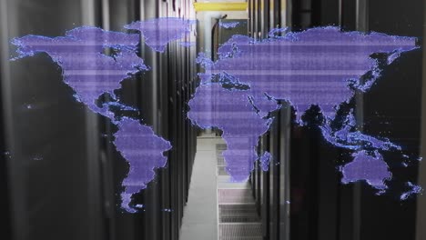 Distorting-purple-digital-world-map-over-computer-server-room