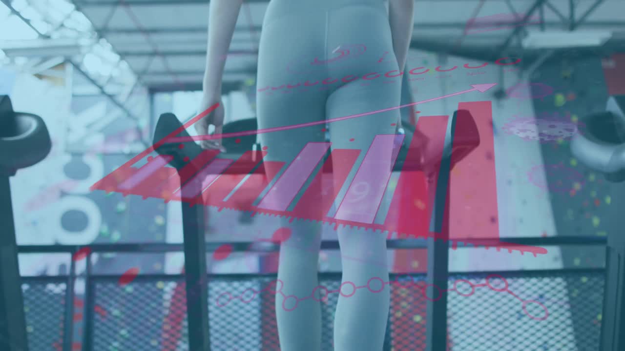 얼굴 마스크를 쓰고 운동하는 백인 여성에 대한 그래프와 통계의 애니메이션