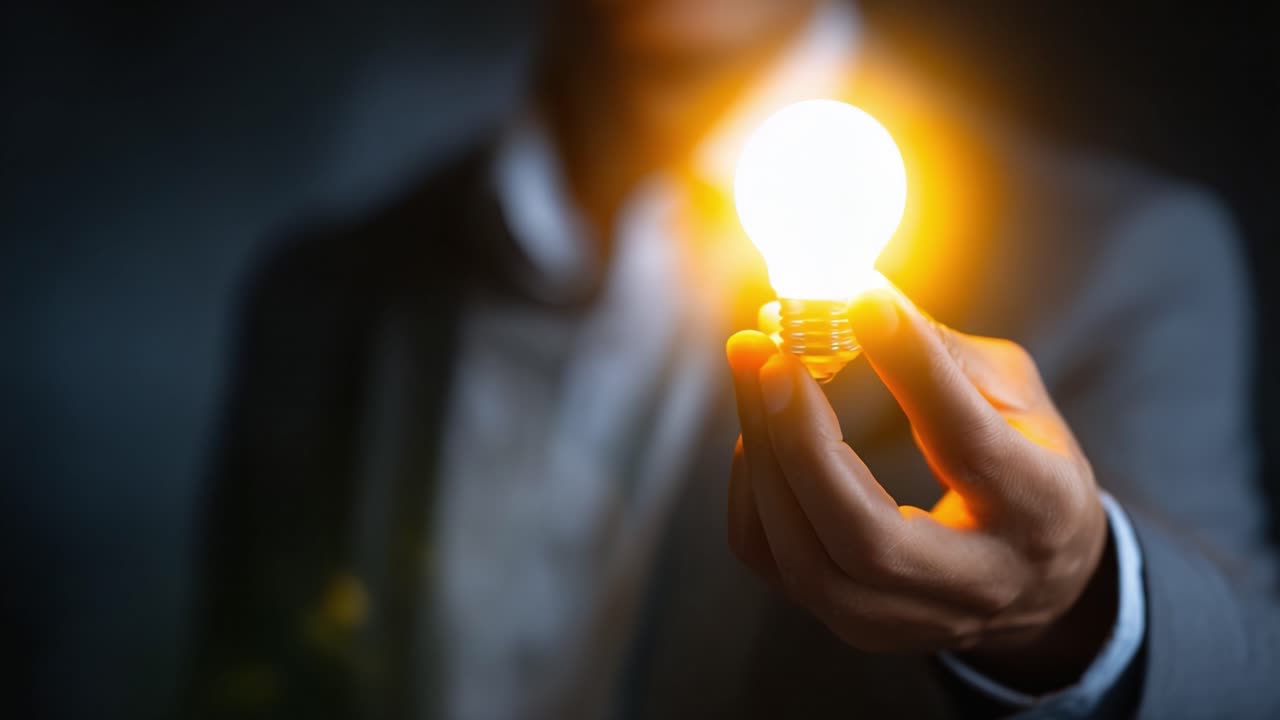 A person holds a glowing light bulb, symbolizing innovation and creativity, in a dark environment, showcasing an illuminating idea or inspiration