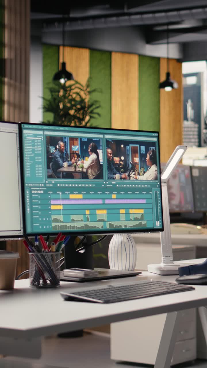 Vertical Video Film Editing, Empty Office With Dual Monitors, Software With Cinematic Project