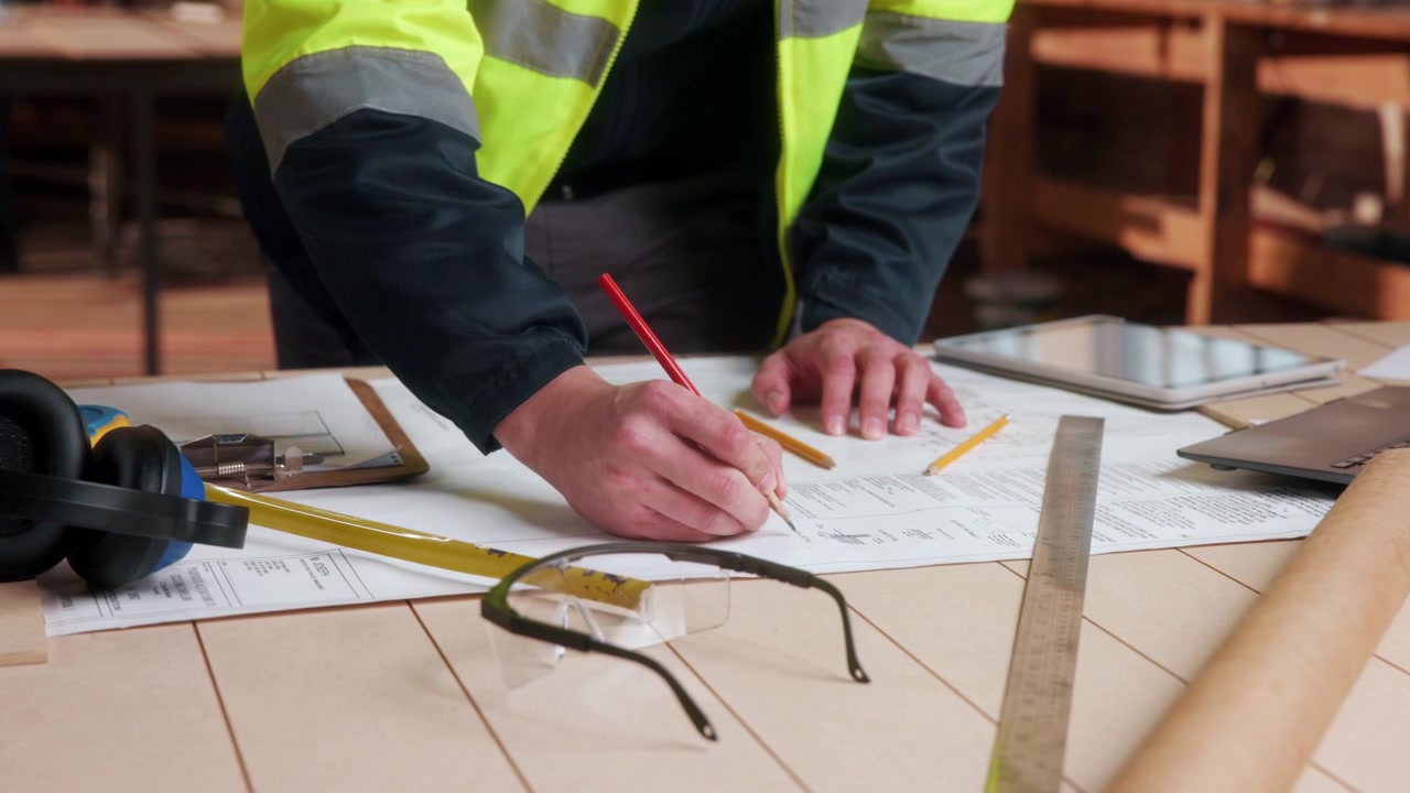 Architect or Engineer Reviewing Construction Blueprints in Workshop