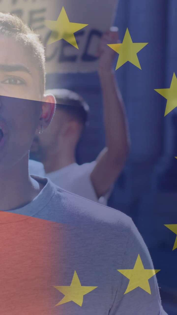Animation of flag of russia and european union over biracial male protester