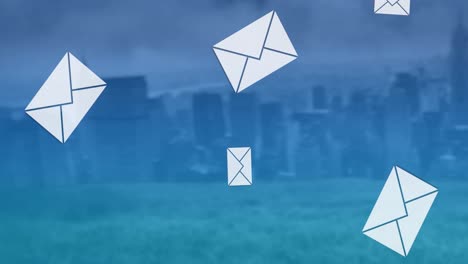 animation of multiple email envelope icons over cityscape