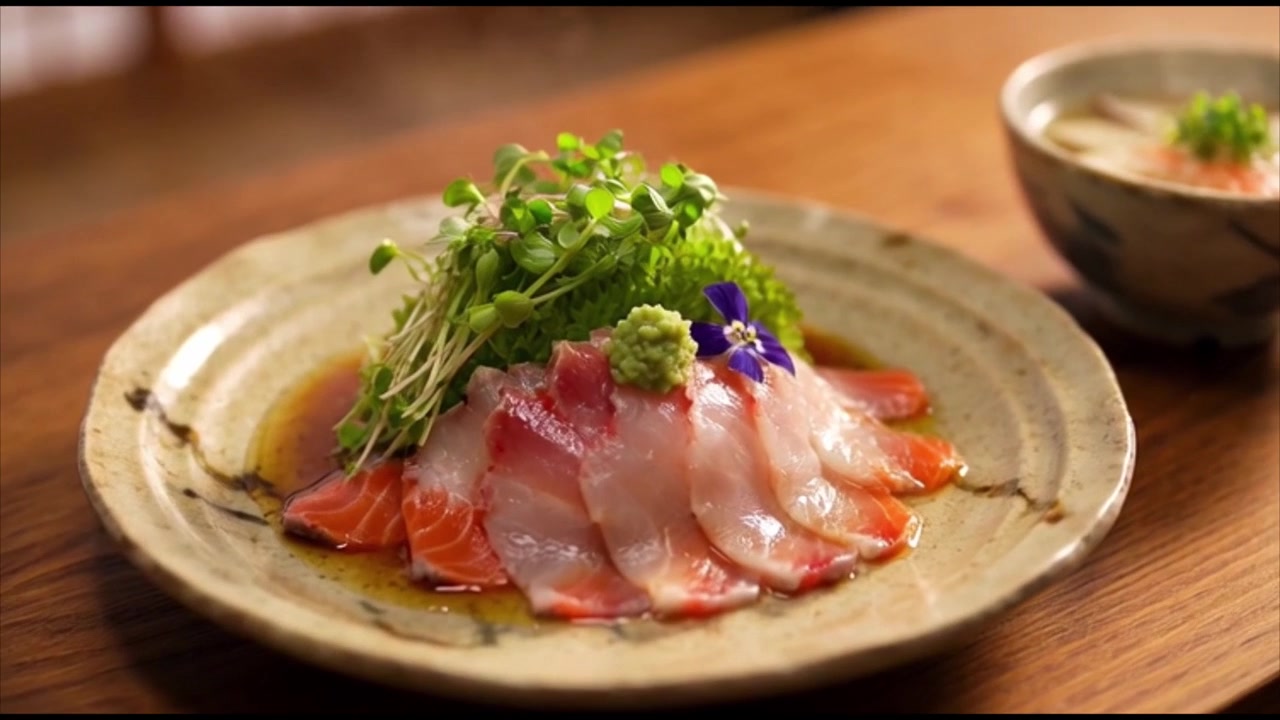 日本料理店で提供される、湯気の立つ汁物と新鮮な刺身の盛り合わせ