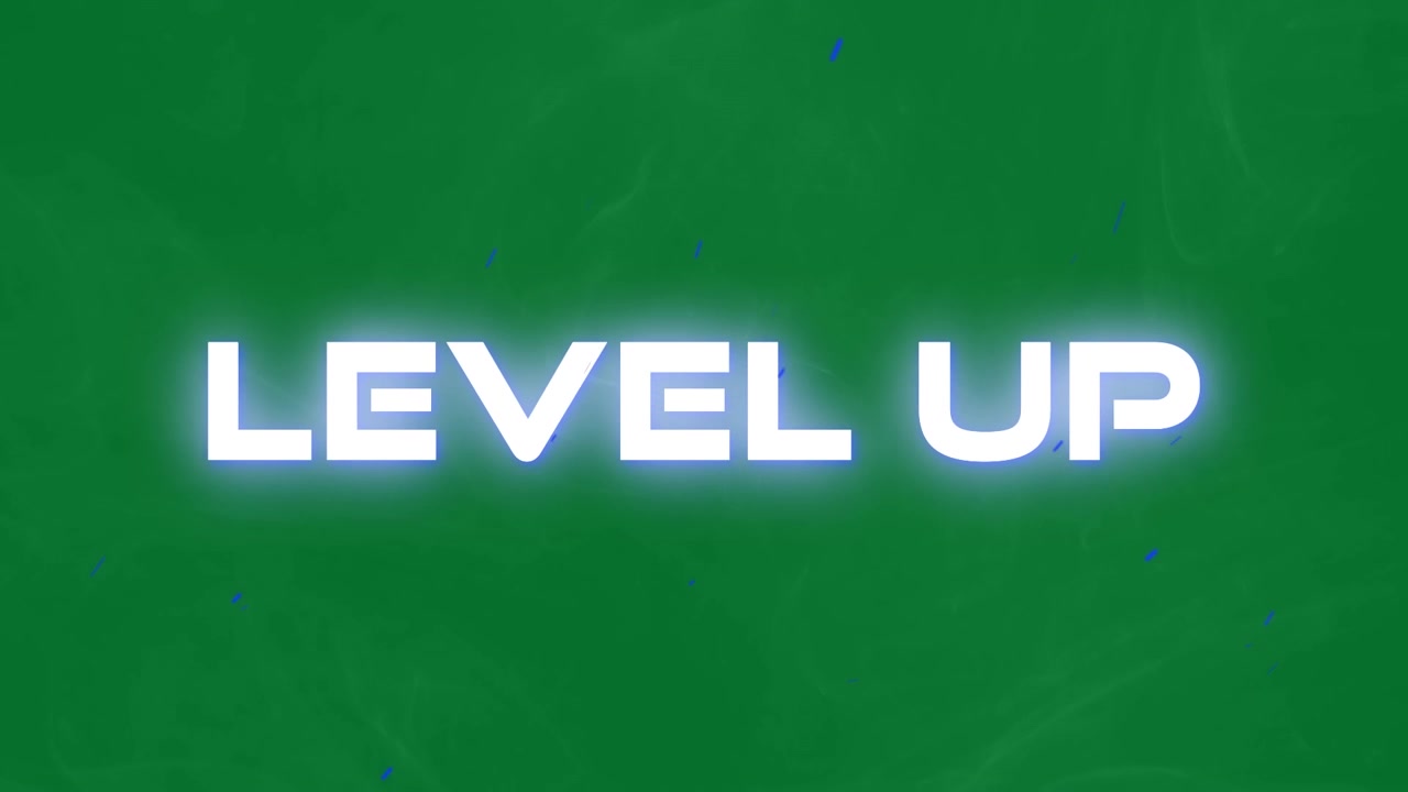 Animasi 'level up' gaya vintage dengan huruf bercahaya dan partikel biru