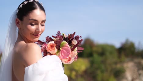 beautiful brunette bride with autumn bouquet of flowers beautiful brunette bride with autumn bouquet of flowers wedding day