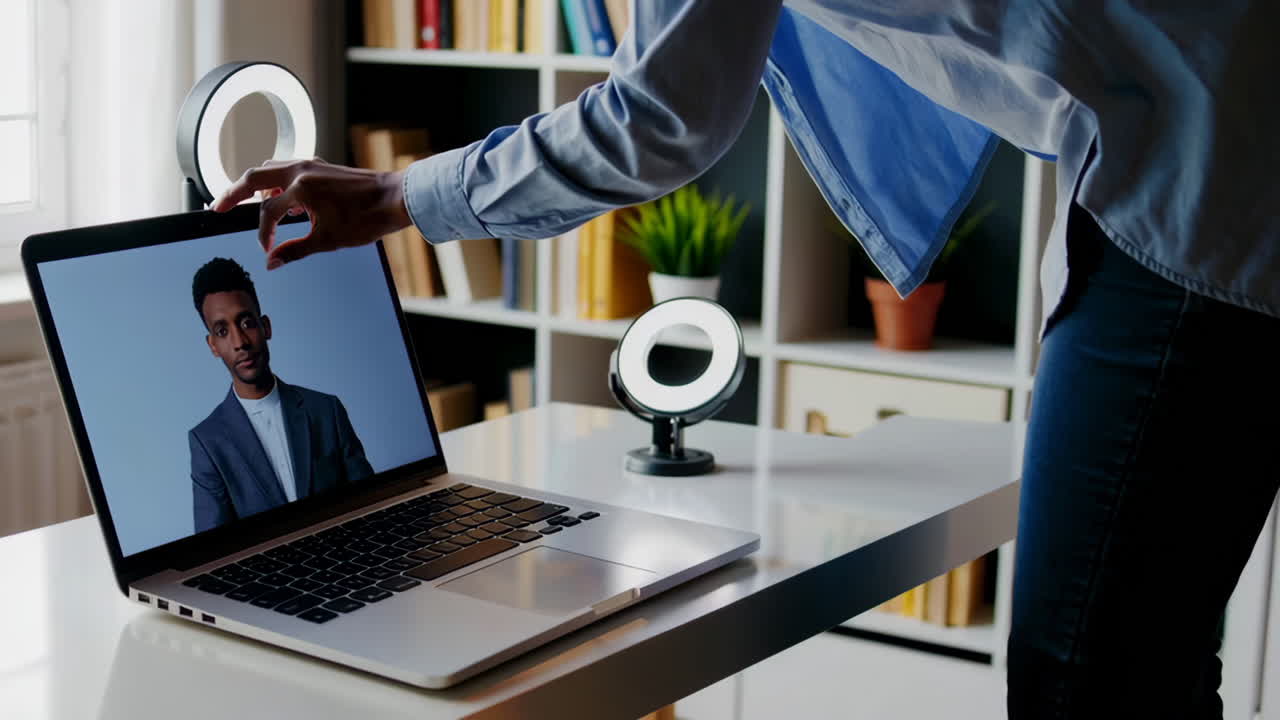 Person adjusting ring lights for a video call