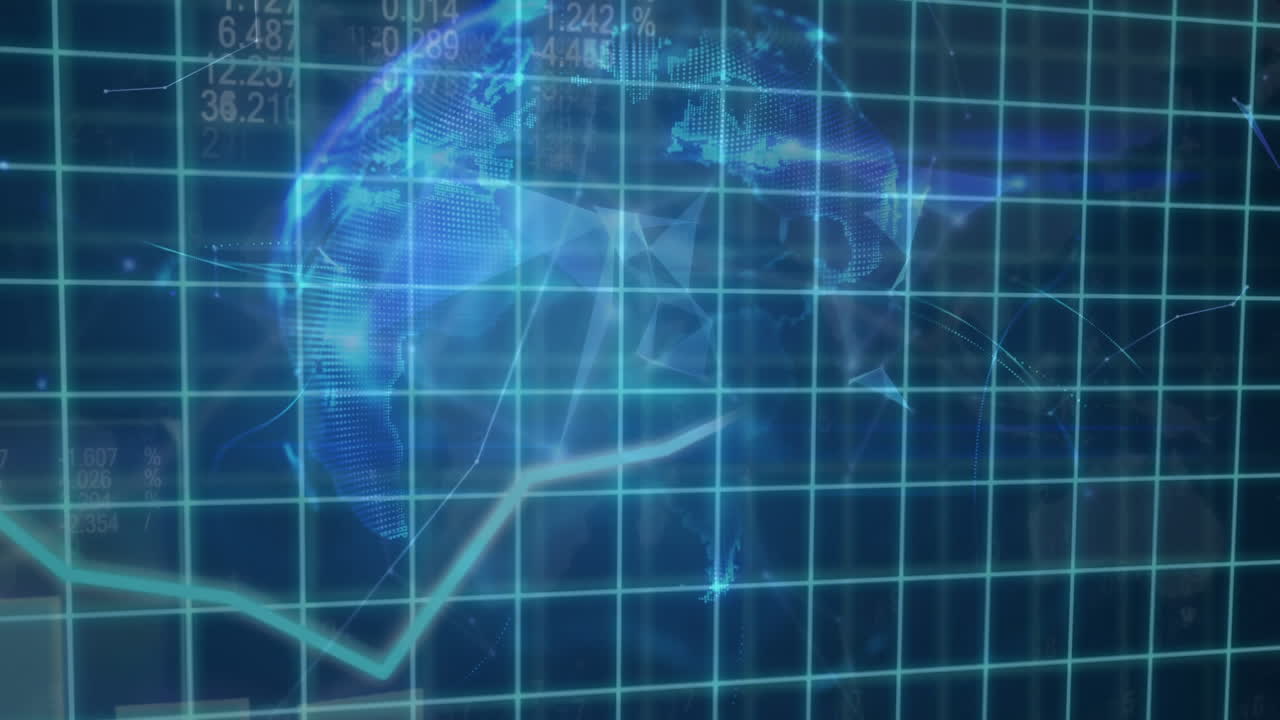 Grid projecting growing graph and data against rotating translucent globe