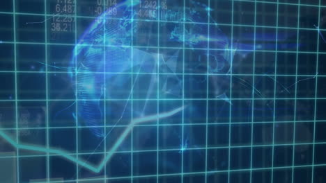 grid projecting growing graph and data against rotating translucent globe
