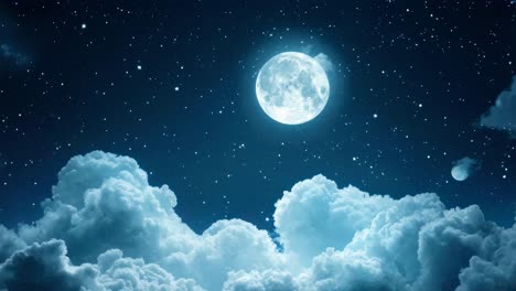 A serene night sky with a glowing full moon and scattered stars above fluffy clouds