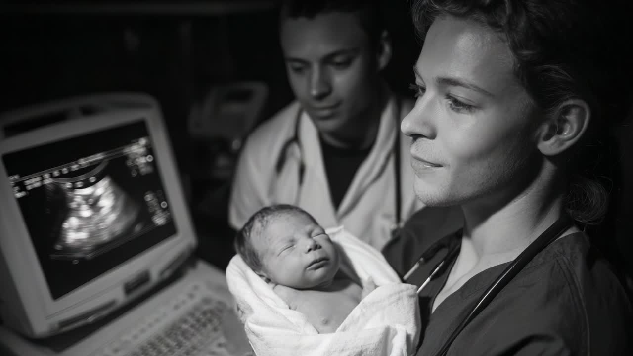 Tender Moment in Healthcare: A Newborn Baby is Proudly Held by a Caring Nurse While a Doctor Looks On, with an Ultrasound Machine Displaying the Joy of New Life in a Warm, Safe Environment