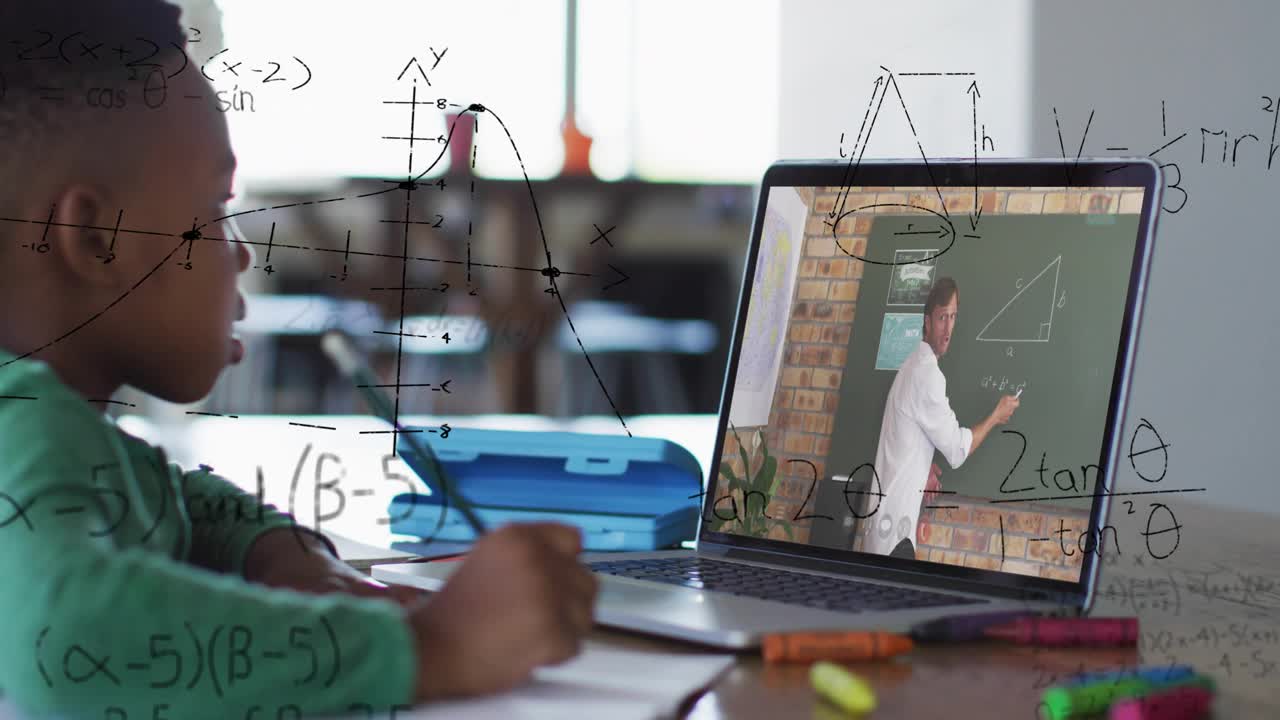Child writing as laptop teacher drawing triangle, math overlays marking notes learning geometry