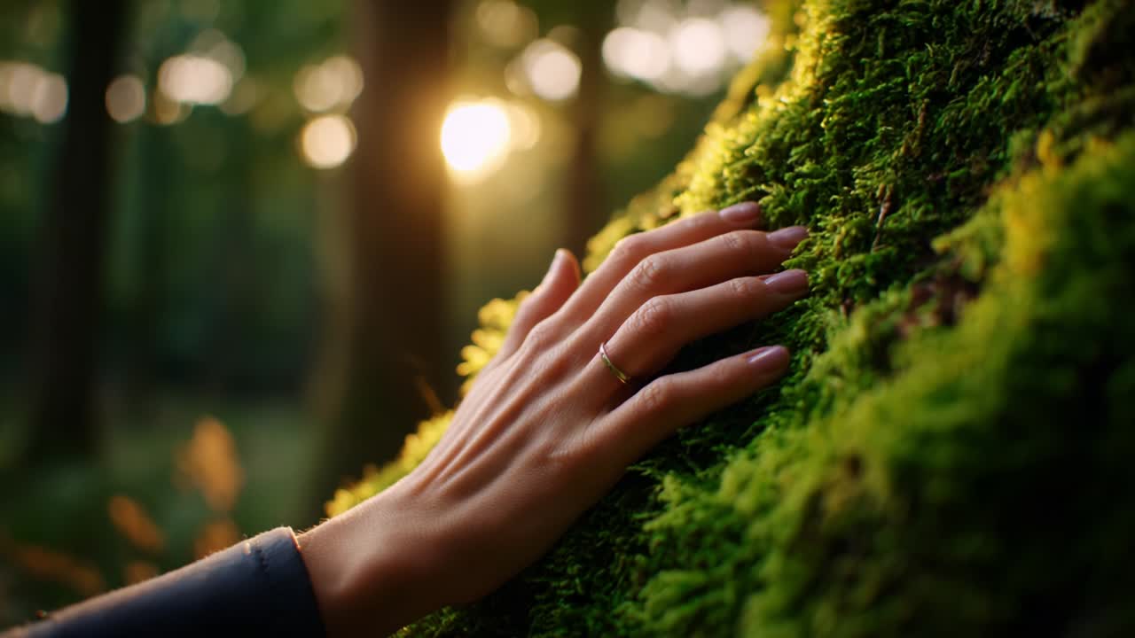 A Serene Connection with Nature: A Hand Gently Touching Lush Green Moss on a Tree Trunk as the Sun Sets in a Tranquil Forest, Highlighting the Beauty of Natural Elements and Mindfulness in the Outdoors