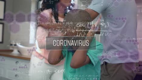 digital composite video of coronavirus text and mathemathical equations moving against family