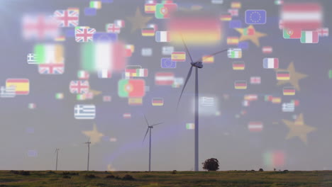 wind turbines on landscape with floating country flags animation