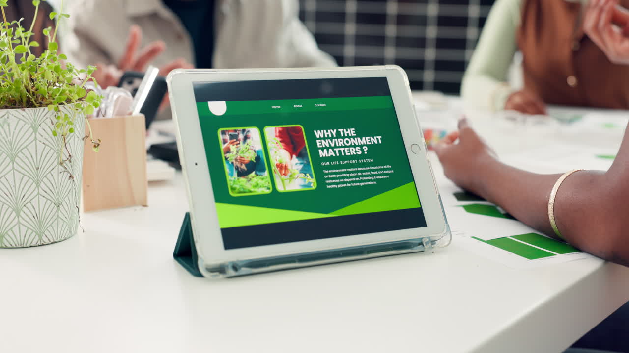 Tablet Displaying Environmental Sustainability Website on Office Desk