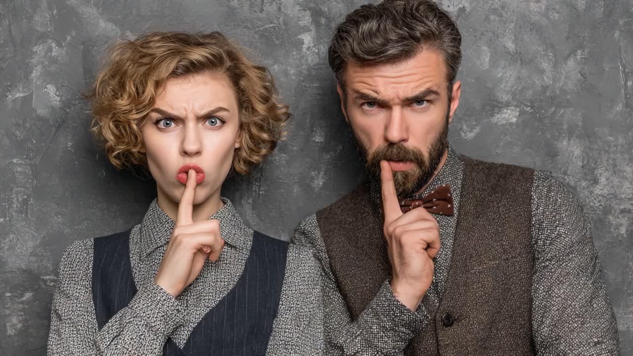 Silencing Secrets: A Captivating Portrait of Two Individuals Conveying Mystery and Intrigue Through Expressions of Puzzlement and Curiosity in an Artistic Setting