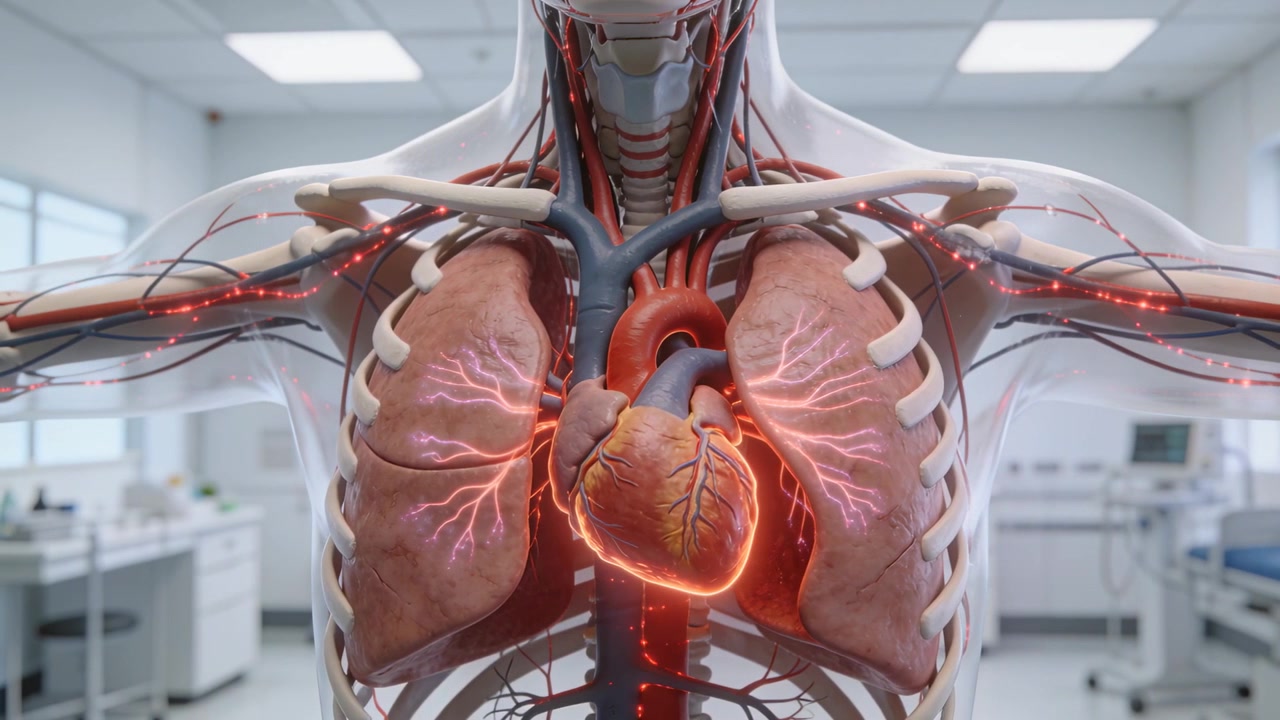 Modello 3D di torso pulsante che invia un bagliore attraverso i vasi cardiopolmonari in un laboratorio clinico, flusso del battito cardiaco.