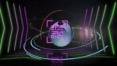 Animation of qr code over geometrical shapes and globe
