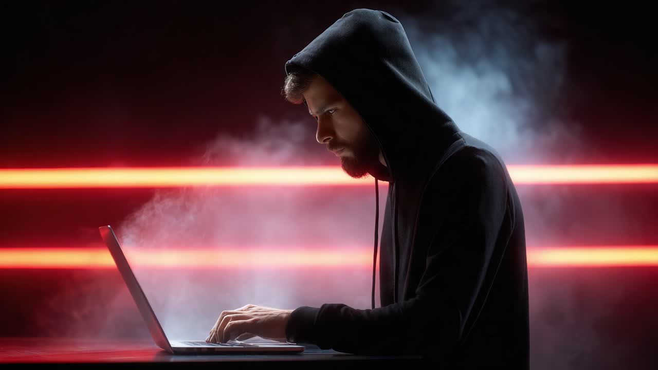 A focused individual in a hoodie intensely engages with a laptop amidst dramatic lighting and mist, embodying the nuances of secrecy and technology in a digital world