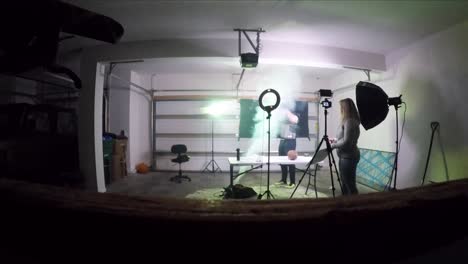 behind the scenes of a product commercial filmed in a garage on a budget