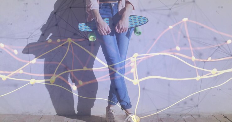 Adult woman uncrossing ankles and lifting skateboard against wall, activating tech network graphics