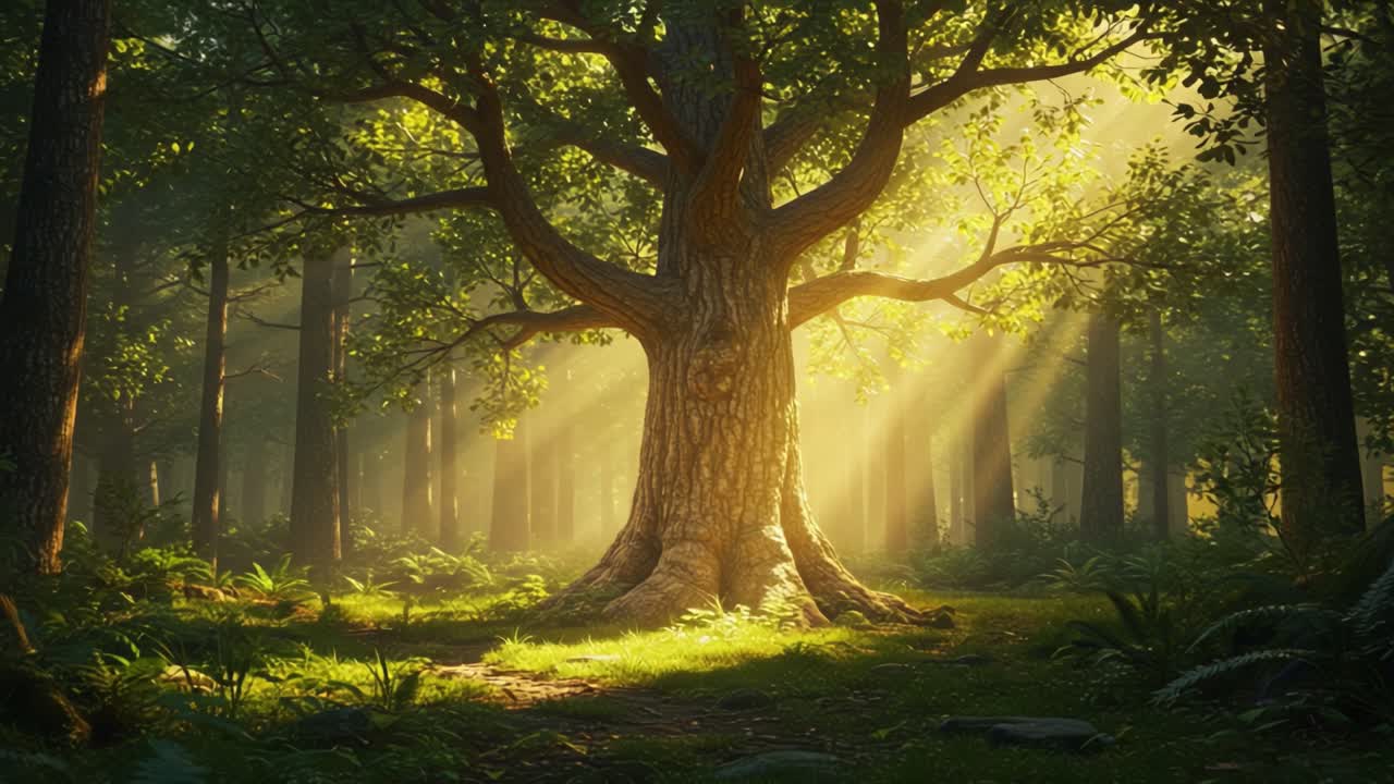 Majestic Tree in Enchanted Forest Bathed in Golden Light: A Serene Natural Landscape Capturing the Beauty of Nature's Tranquility and Harmony