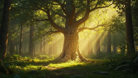 majestic tree in enchanted forest bathed in golden light: a serene natural landscape capturing the beauty of nature's tranquility and harmony