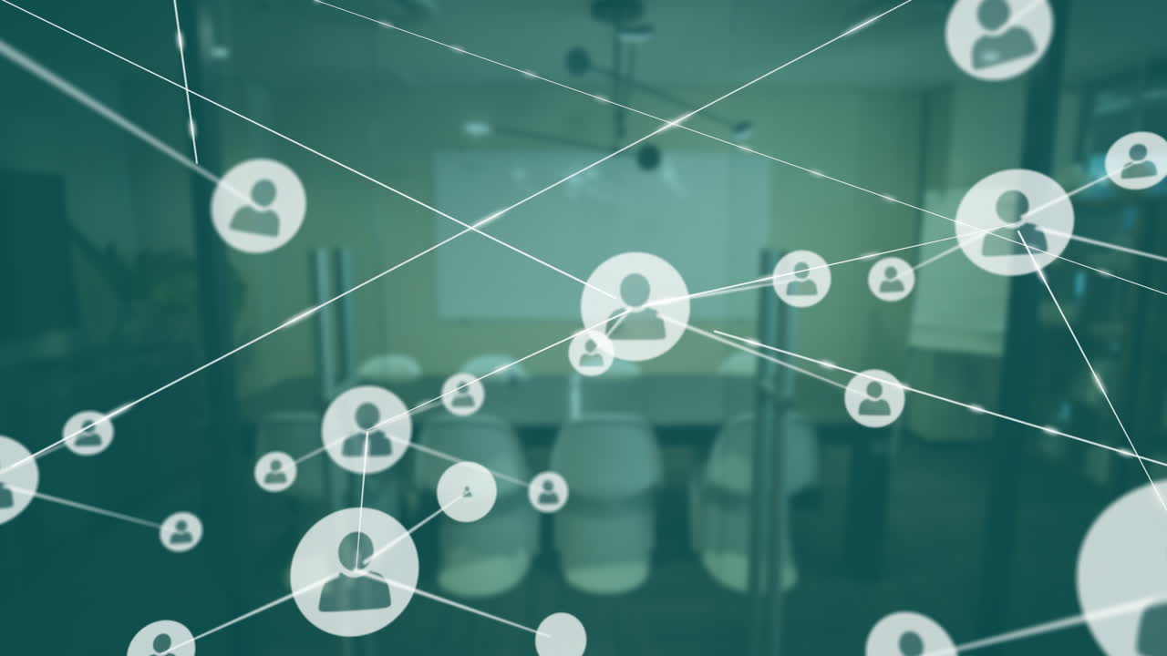 빈 회의실을 통해 연결 네트워크 및 데이터 처리 애니메이션