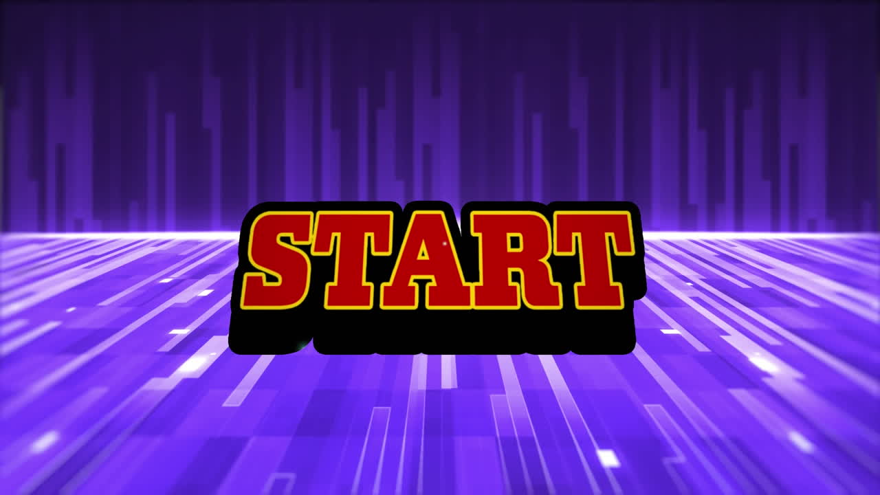 Animation of red text start, over explosion and purple moving ground and dark purple waterfall