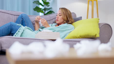 crying, tissue and sad woman wipe tears in home